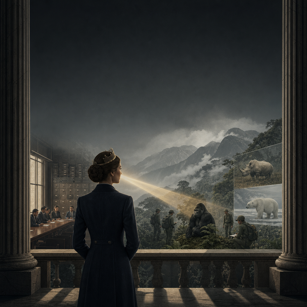 A young crowned sovereign overlooks an imperial hall where diplomatic institutions meet an international wildlife-protection operation involving a gorilla, rhino and polar bear, symbolizing the tension between personal rule and durable institutions.